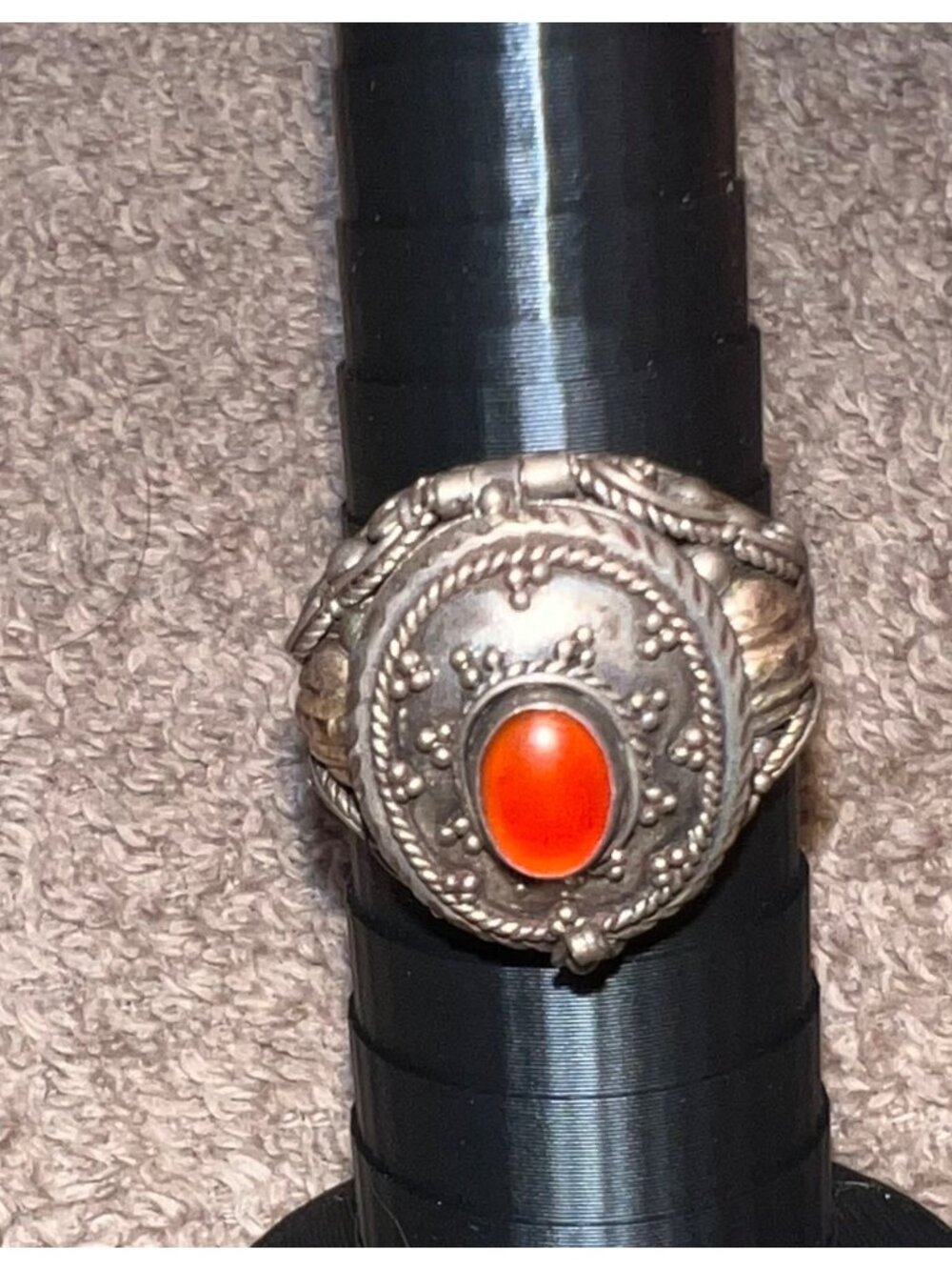 Vintage Ornate Sterling Silver Poison Ring Carnelian Gemstone Hidden Compartment